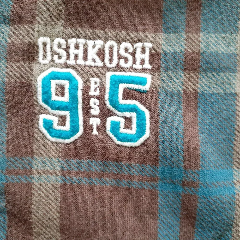 Oshkosh Boys Jacket Sweatshirt Hoodie Brown Blue Plaid Fleece Zip 3T
